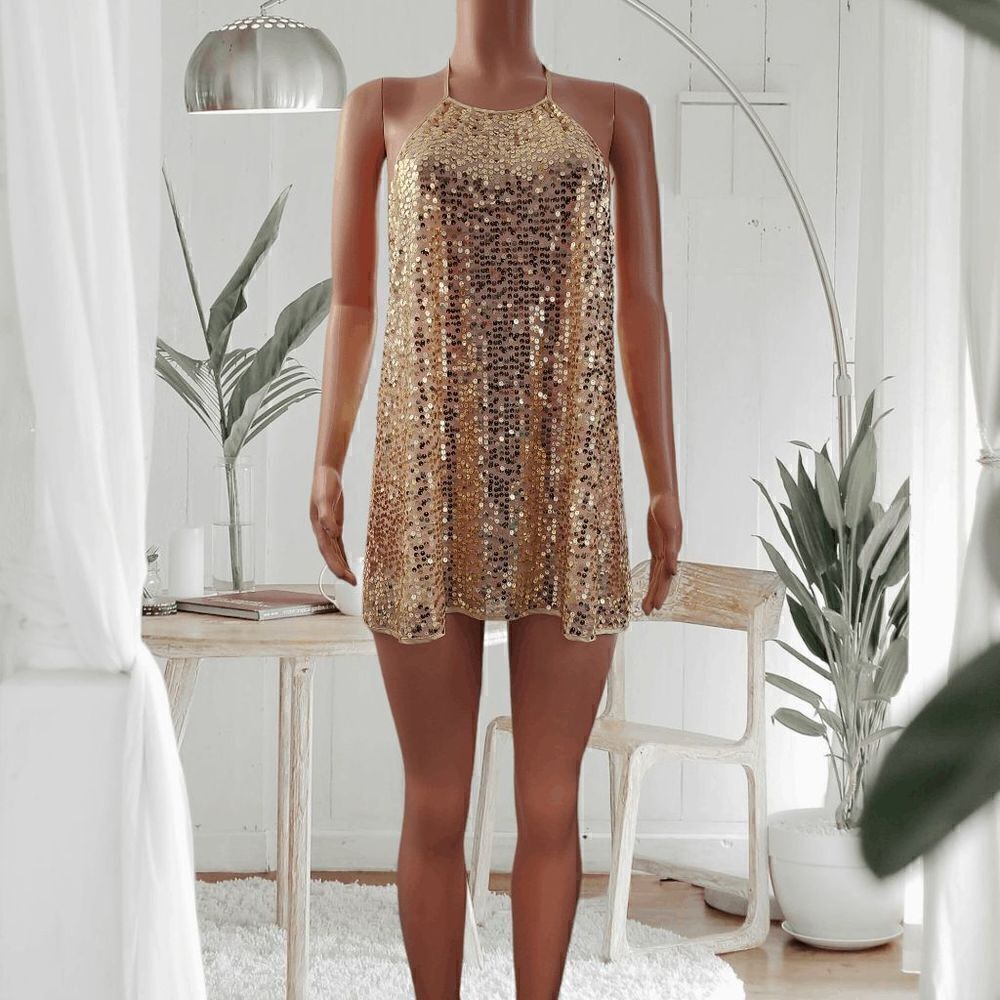 NWT Victoria's Secret Gold Sequin Beach Cover Mini Dress: Size LARGE Glamour! NW